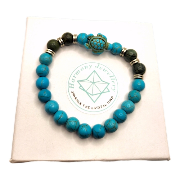 8 mm Turquoise and Jasper Turtle charm bracelet - Picture 2 of 4
